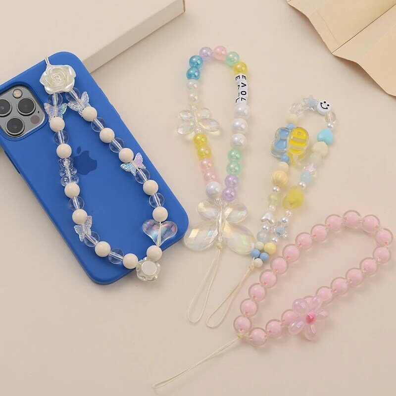 Cadena de teléfono móvil con cuentas acrílicas de colores, cordón antipérdida con forma de corazón y Animal, accesorios para mujer