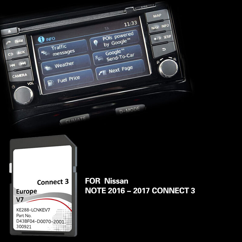 Cartão SD para Nissan Note 2016, 2017, Connect3, V7, República Checa, Suécia Mapa, Naving, 16GB