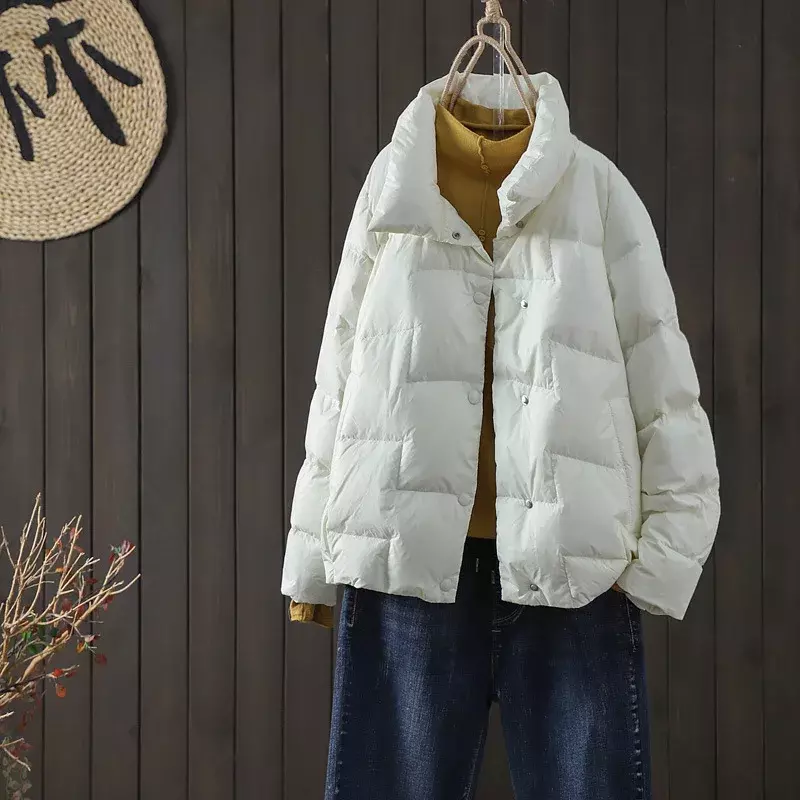 Зимние женские свободные короткие куртки на 90% белом утином пуху, Повседневная модная однобортная теплая ультра тонкая верхняя одежда, новинка 2023
