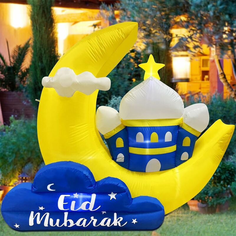 Decoraciones de Luna inflable para exteriores de Ramadán, decoración de celebración Santa musulmana, soplado iluminado, Eid Mubarak inflables, 7x6 pies