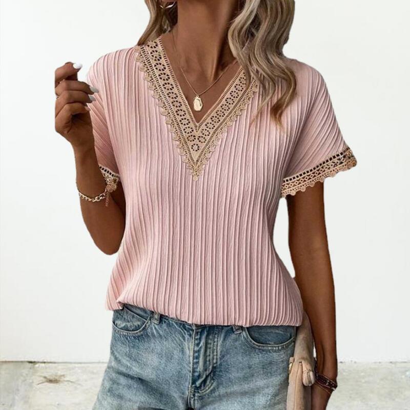 Summer Women Vintage Casual Loose T-shirt Hollow Out Lace Neckline Pleated Loose Fit Tee Shirt Pullover Tops Streetwear