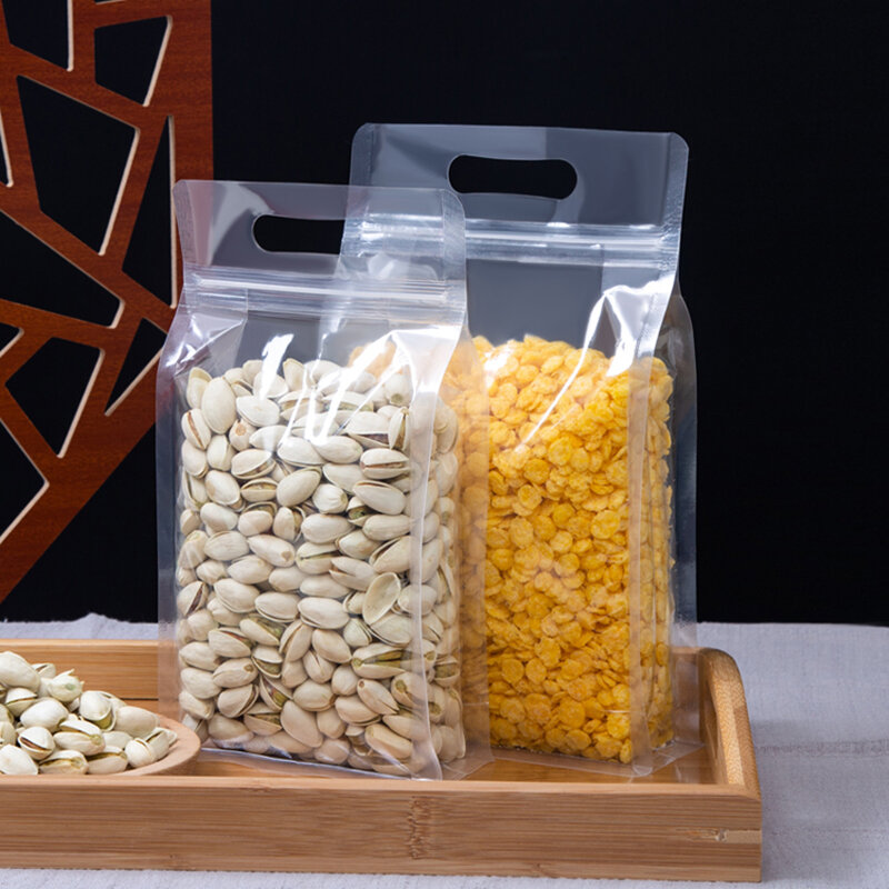 StoBag-투명 플라스틱 식품 포장 지퍼 백 핸들 휴대용 봉인 저장, 사탕 곡물 차 너트 말린 과일 로고, 50 개