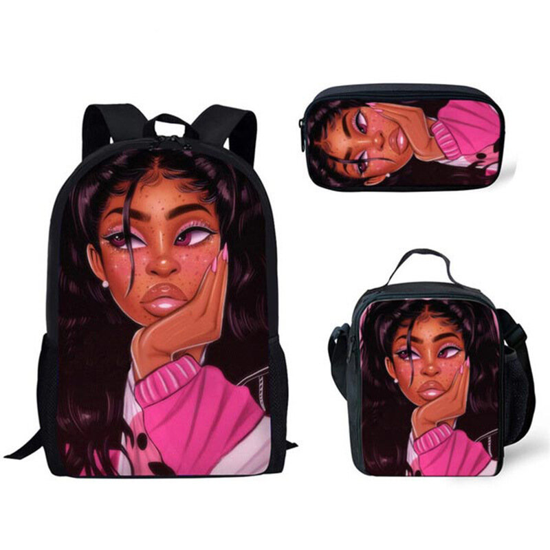 Classique ChimPopméthanol mignon fille africaine impression 3D, sacs d'école pour élèves, sac à dos pour ordinateur portable, sac à déjeuner, étui à crayons, 3 pièces/ensemble
