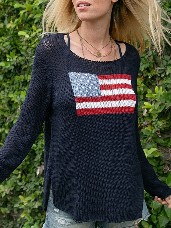 Womens American Flag Sweatershirt Jumper Long Sleeve Letter Knit Pullover Cute Top 4th of July Sweater
