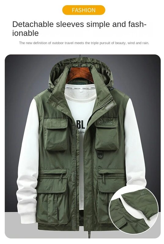 Jaqueta multibolso masculina, jaqueta bordada de caminhada, acampamento ao ar livre, casaco tático com capuz, monocromático, moda casual, 2024