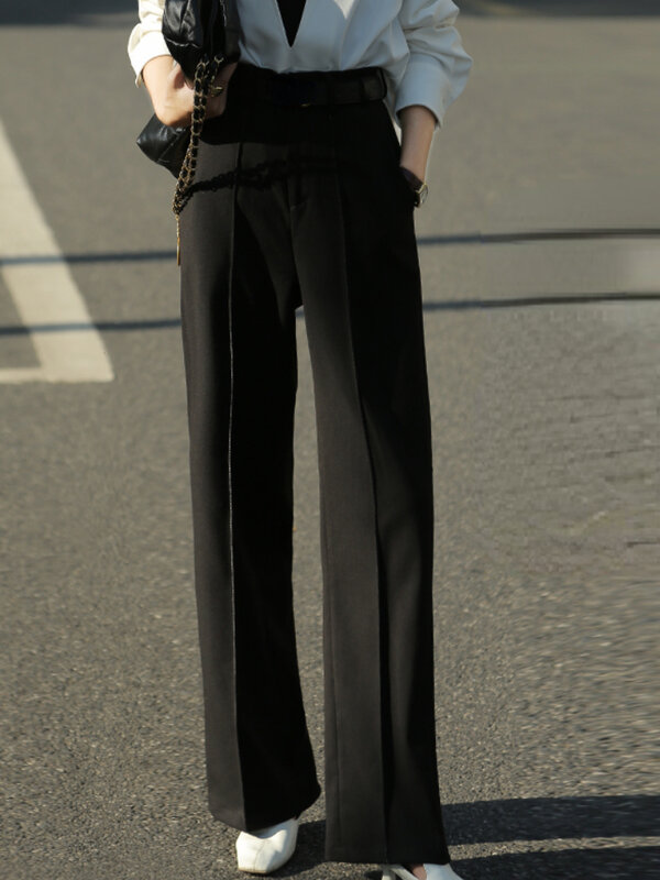 Calça larga preta feminina, reta casual, cintura alta, monocromática, coreana, de escritório, novo, terno de verão, 2024