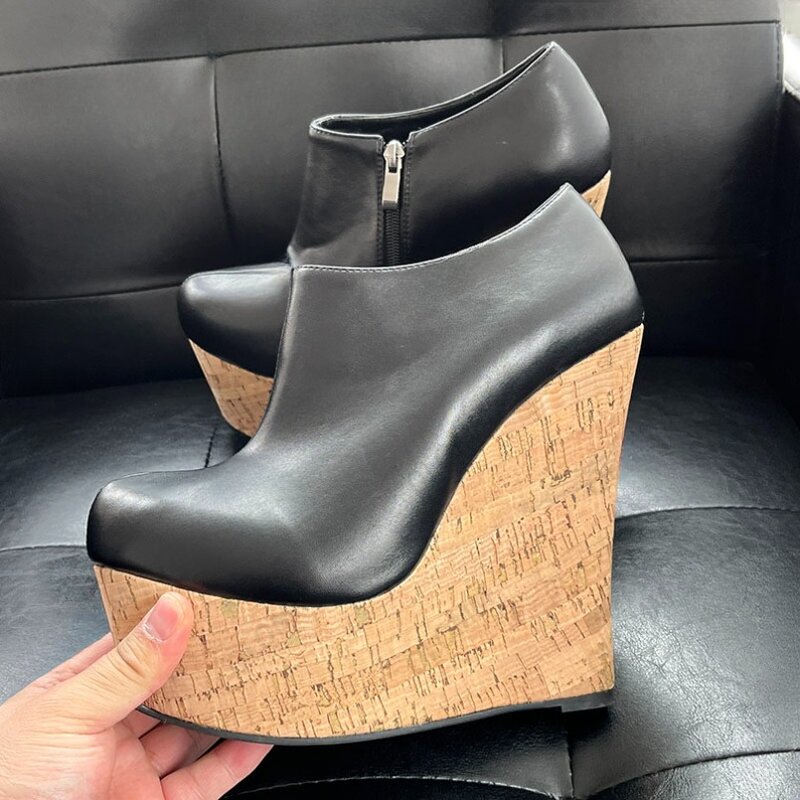 Sepatu hak tinggi wanita kualitas tinggi baru hak Wedge seksi sepatu wanita hitam elegan kepala bulat glamor ukuran Plus US 5-15