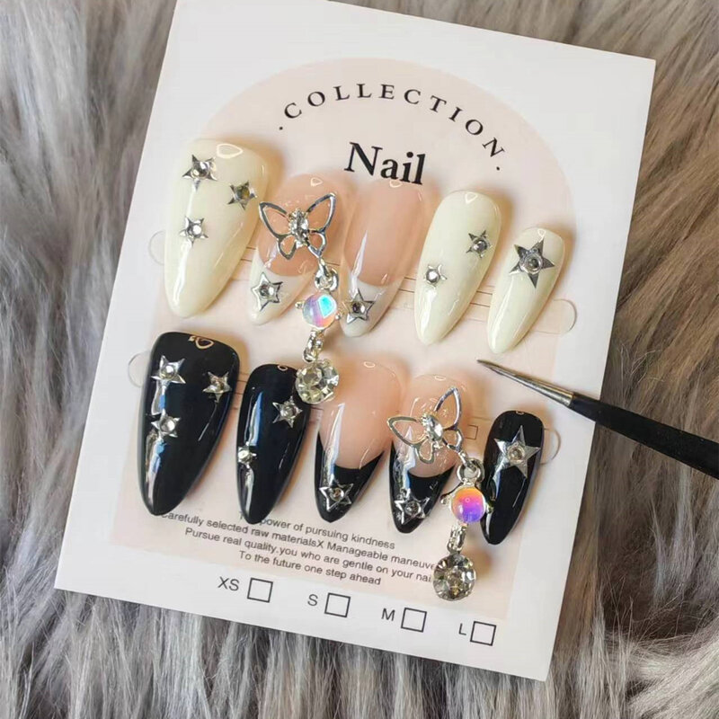 10pcs Long French Almond Handmade False Nails Cat Eye Press On Nails with Butterfly Pattern Diamond Full Cover Fake Nail Tips