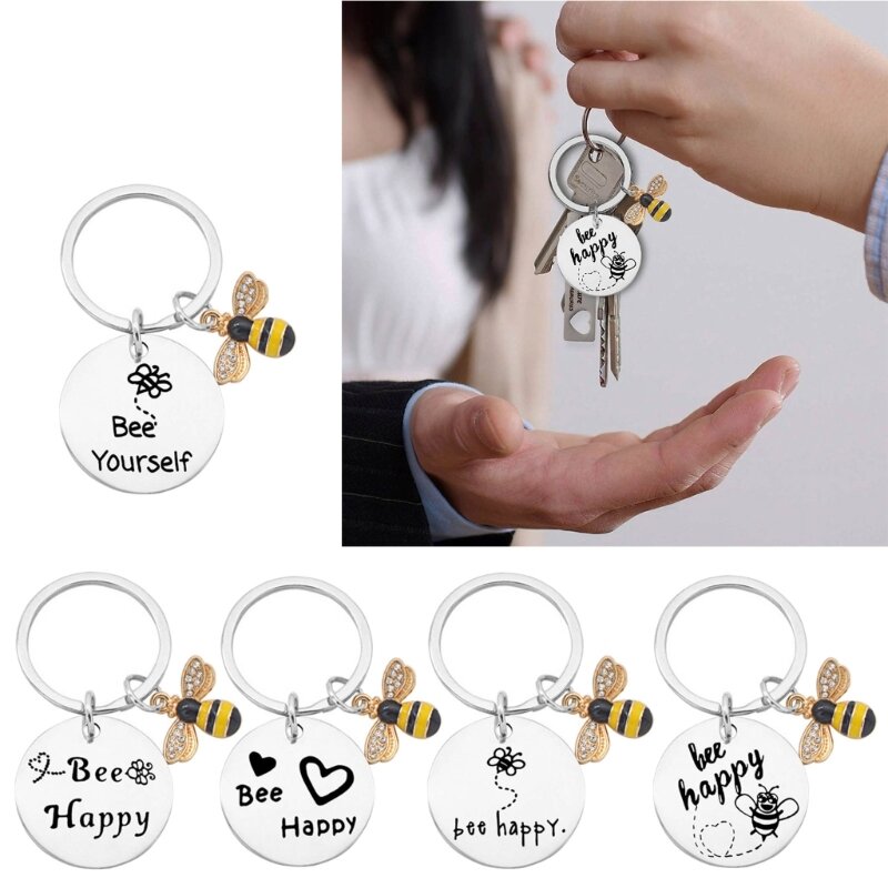 L5YA Animal Bees Happy Keychain Encourage Keyring Car Keys Holder Bag Backpack Luggage Pendant Ornament for Women Men