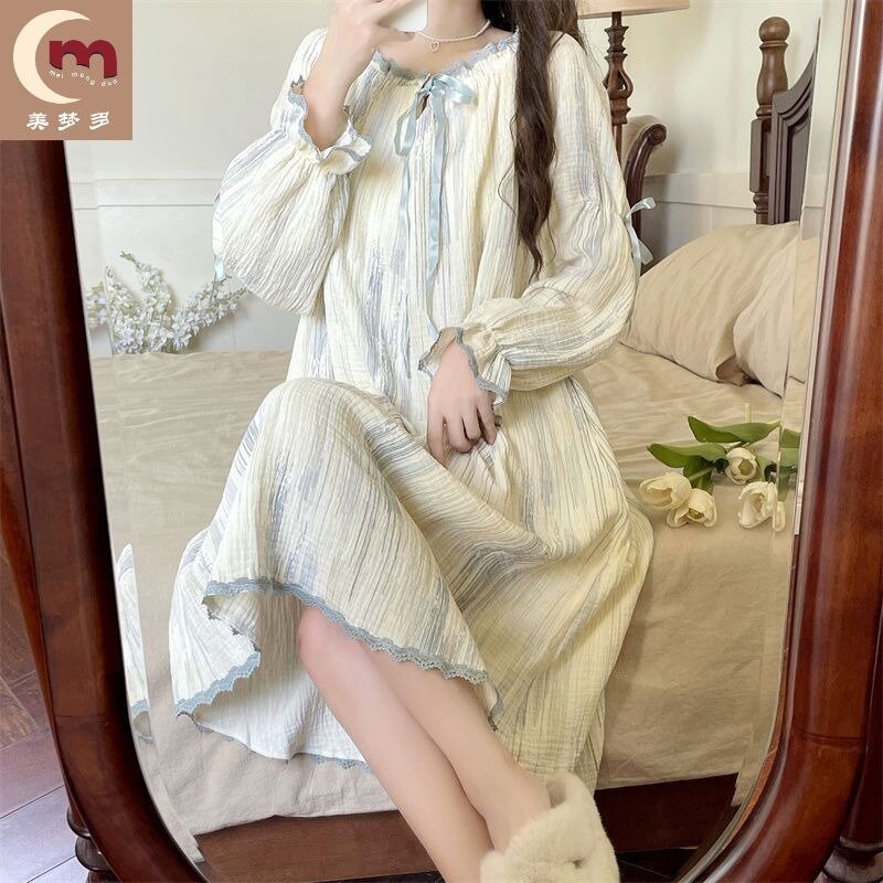 Pijamas 100% de algodón para mujer, vestido de primavera y otoño de manga larga, Kawaii, se puede usar fuera, suelto, Color sólido, Verano