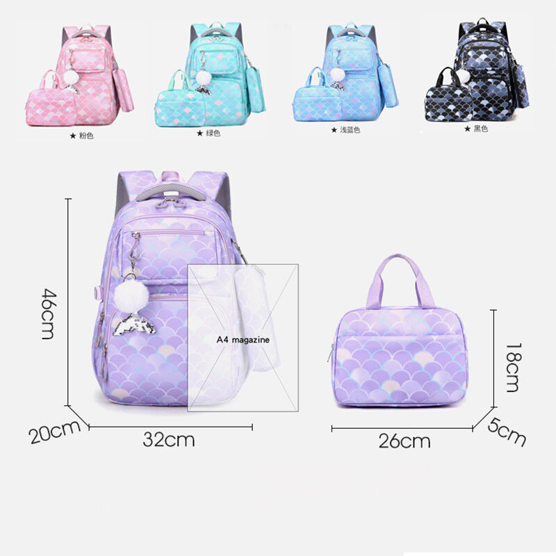 3pcs/Set Fish Scale Print Kid Backpack With Mermaid pendant Girl waterproof School Bag Children Schoolbag  For teenage girls