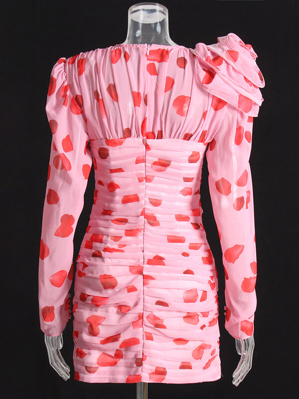 2023 weibliche Kleidung neu aus geschnitten geraffte Patchwork Blumen V-Ausschnitt Langarm High Taille Print Mini Damen kleid