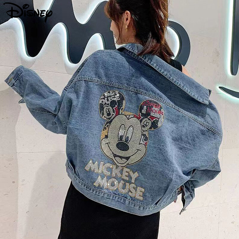 Disney-chaqueta vaquera holgada de algodón con estampado de Mickey Mouse, chaqueta informal con estampado de dibujos animados para otoño, novedad de 2022