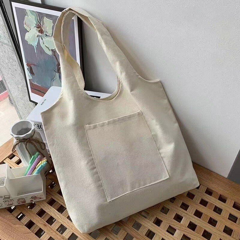 韓国の女の子のキャンバスバッグ,ショッピングやビーチで使用するためのカジュアルなショルダーバッグ,再利用可能な無地の綿の大容量バッグ