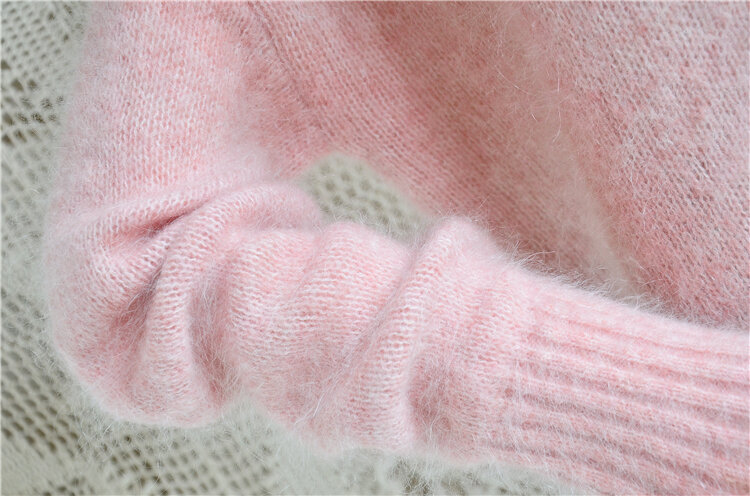 Chaqueta de lana de Angora peluda rosa para mujer, cárdigan suelto con cuello en V, mangas largas, abrigo de suéter, Tops de tracción, primavera y otoño