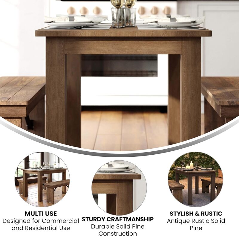 Merrick Lane Деревенский коричневый обеденный стол из массива дерева, кухонный стол с квадратными ножками, обеденный стол для фермерского дома, 46x30 дюймов, сиденья 4,