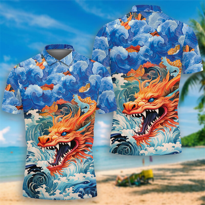 Kaus Polo mistis Naga 3D motif untuk pria, kemeja atasan Harajuku Hip Hop naga pendek Naga Timur Loong POLO Y2K