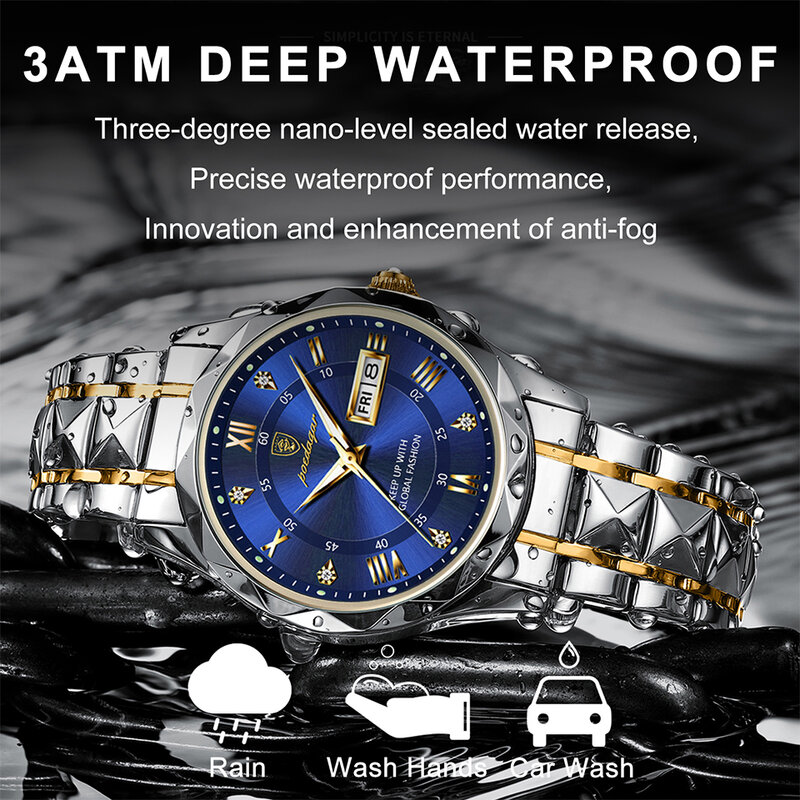 POEDAGAR Men Luxury Watches Stainless Steel Quartz Wrsitwatches Male Auto Date Clock with Luminous New Design Business Hands+box