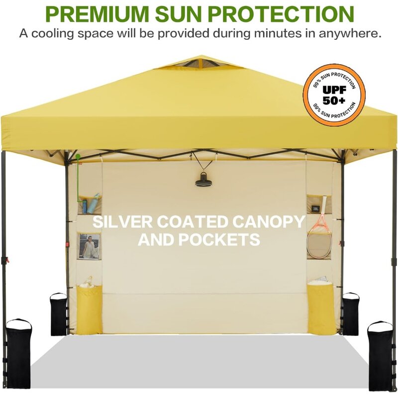 10'x10 'pop-up canopy with side walls and 6 pockets, sunshade canopy with ventilated roof, 8 stakes, 4 ropes, and 4 sandbags