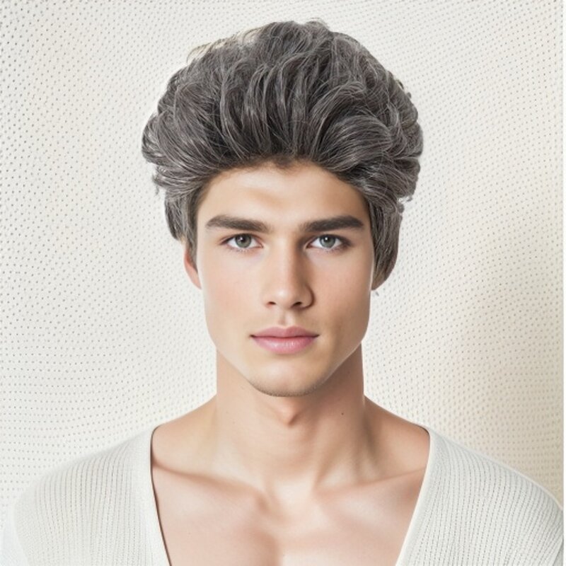 Synthetic Grey Wig for Men Short Curly Hair Natural Hairline Fluffy Hairstyle Father Wig Daily Cosplay Costume Halloween Fiber
