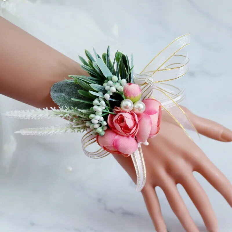 ดอกไม้งานแต่งงานหน้าอกเจ้าสาวแบบชาวยุโรปสำหรับงานแต่งงานดอกตูมชาปลอมปลอมสำหรับเพื่อนเจ้าสาว