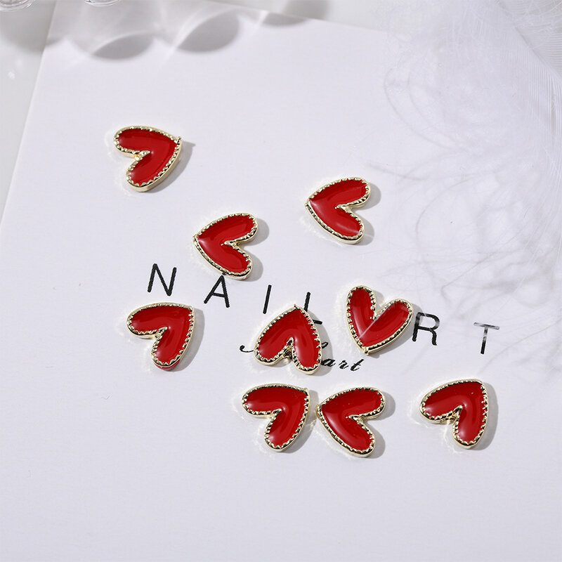 10Pcs 3D Red Alloy Nail Art Charms Drip Oil Heart Metal Edging Nail Decoration DIY Nail Accessories