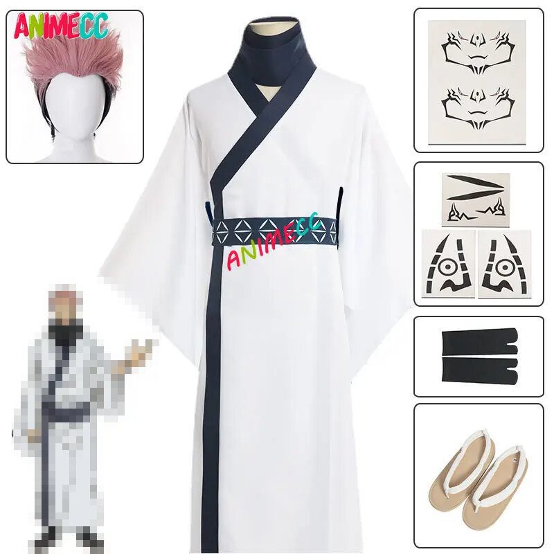 ANIMECC-Disfraz de Ryomen Sukuna para hombre, traje de Cosplay con peluca, tatuaje, Kimono japonés, traje de fantasía, uniforme de Carnaval de Halloween, disponible en S-2XL