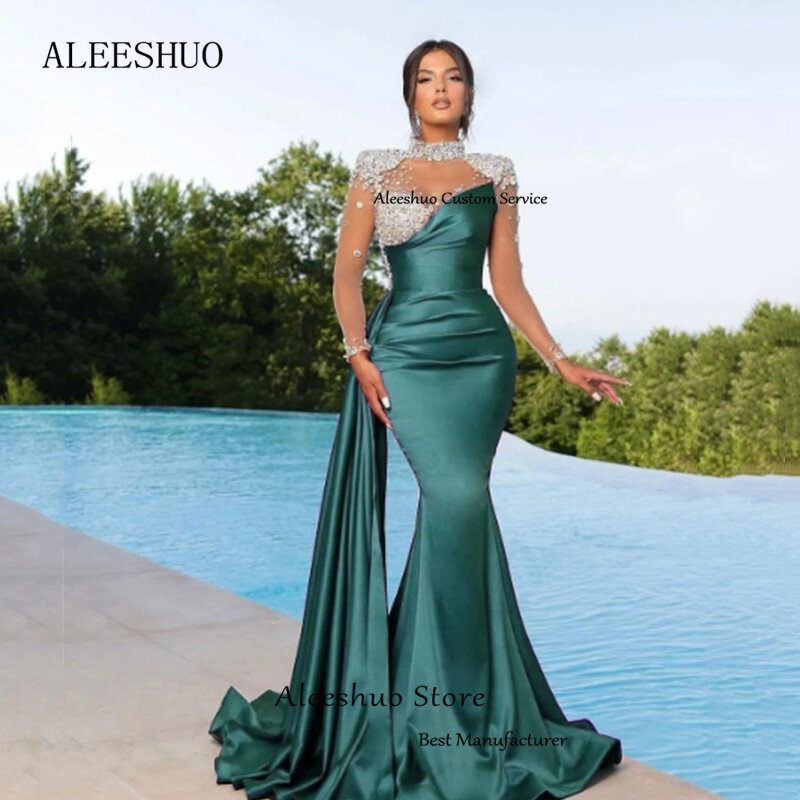 Aleeshuo Luxury Beading Mermaid Satin Prom Dresses Long Sleeve Halter Sweetheart Evening Dress Formal Occasions Vestido De Noche