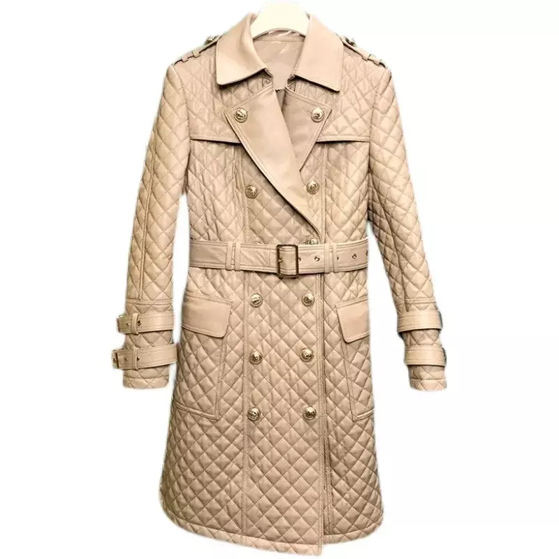 Jaket kulit asli wanita, mantel Trench wanita, jaket kulit domba setengah panjang Musim Semi dan Gugur 2024