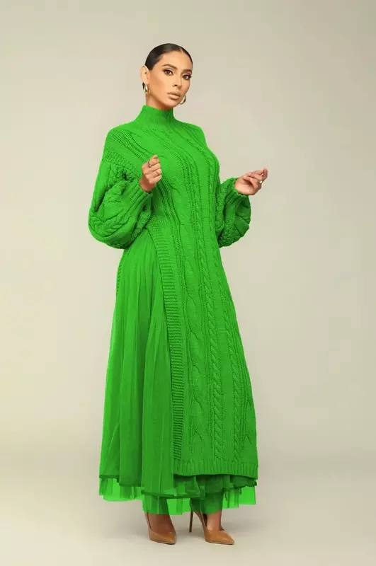 Conjunto de dos piezas de cuello alto para mujer, traje informal de manga larga con abertura lateral, vestido de suéter de punto trenzado, faldas Maxi de malla