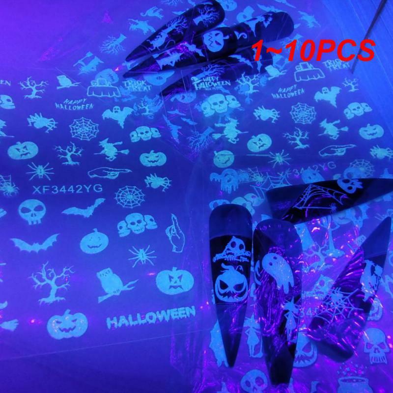 1 ~ 10 Stuks Lichtgevende Nagelstickers Set Halloween Laser Pompoen Schedel Nagel Sticker Manicure Ontwerp Zelfklevende Tips Nail Art Decoraties