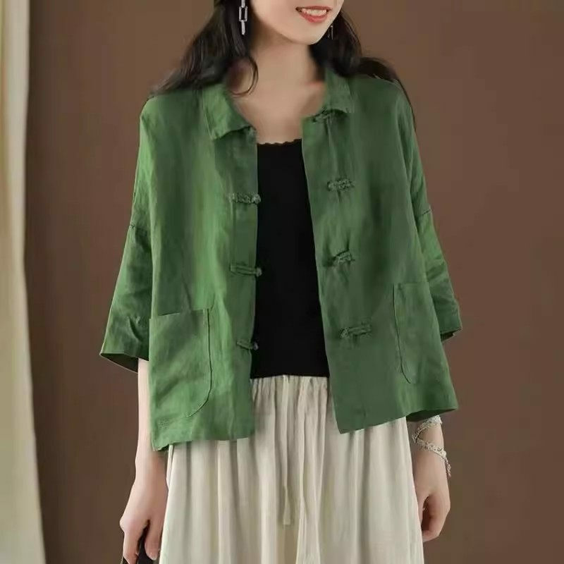 2024 Spring Summer Chinese Style Retro Linen Button Top Cardigan Short Style Zen Clothes Casual Loose Shirt Jacket Women K1160
