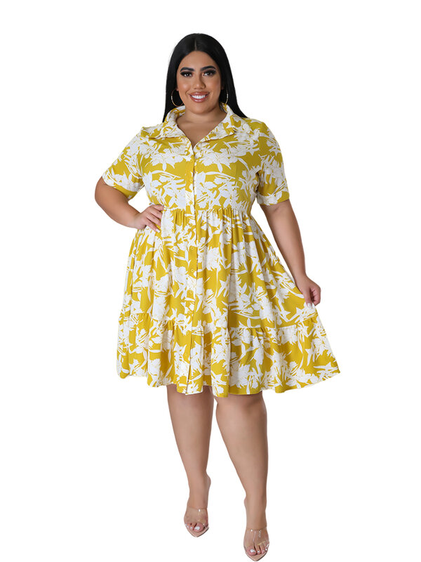 Vestido feminino com estampa floral midi, linha A, manga curta, vestidos de festa casuais, elegante, tamanho grande, primavera, verão