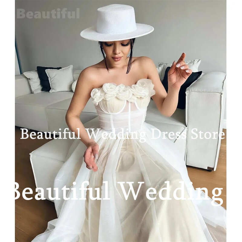 Strapless a linha tule vestido de casamento com flores apliques para mulheres, vestido de noiva até o tornozelo, vestidos do baile, novo, 2024