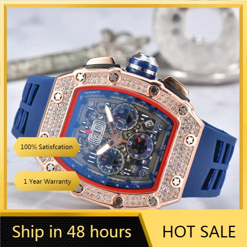Relógio de movimento multifunções masculino conjunto de diamantes borda 6 pinos, marca RM Top AAA, relógio de luxo automático, moda, 2024