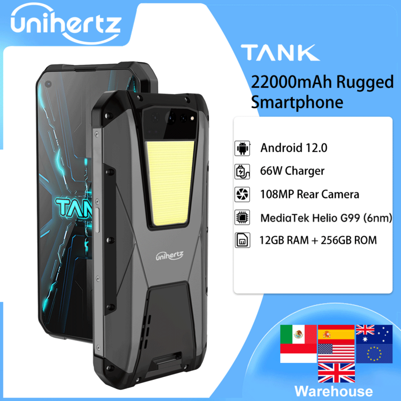Unihertz-tanque maior bateria smartphone, telefone móvel robusto, 22000mAh, visão noturna, 108MP, G99, 12GB, 256GB, Android 12, desbloqueado