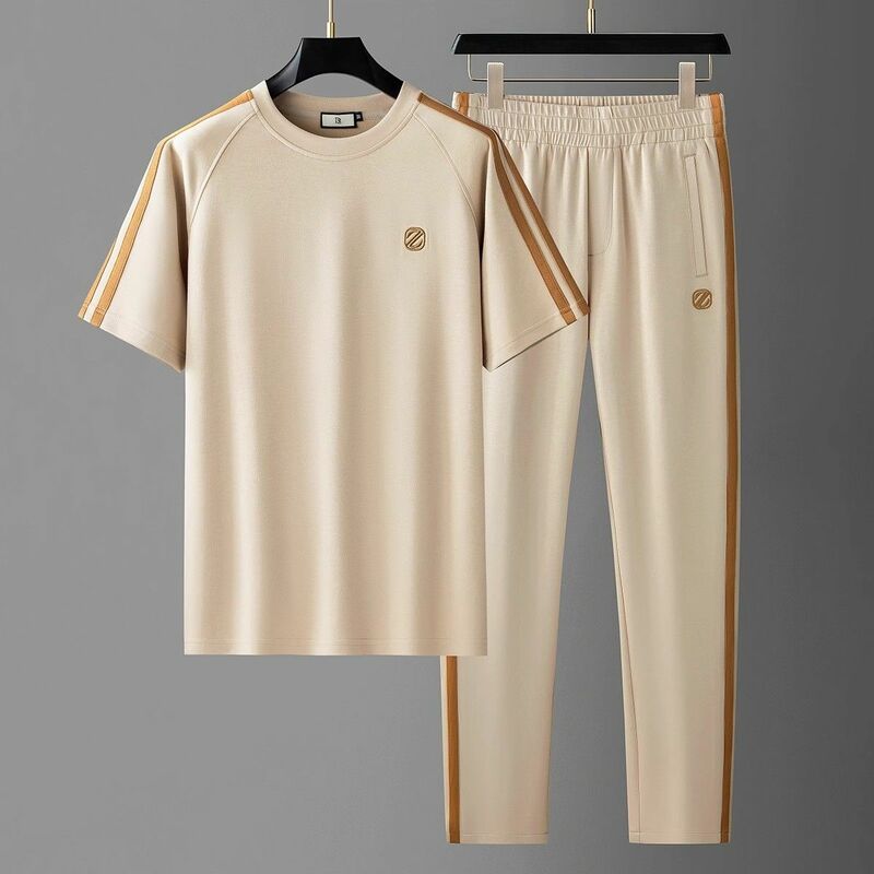 The New Summer Men's Suit, Silky Short-sleeved Casual Sports Suit, High-end Embroidered Webbing Men's Two-piece Suit