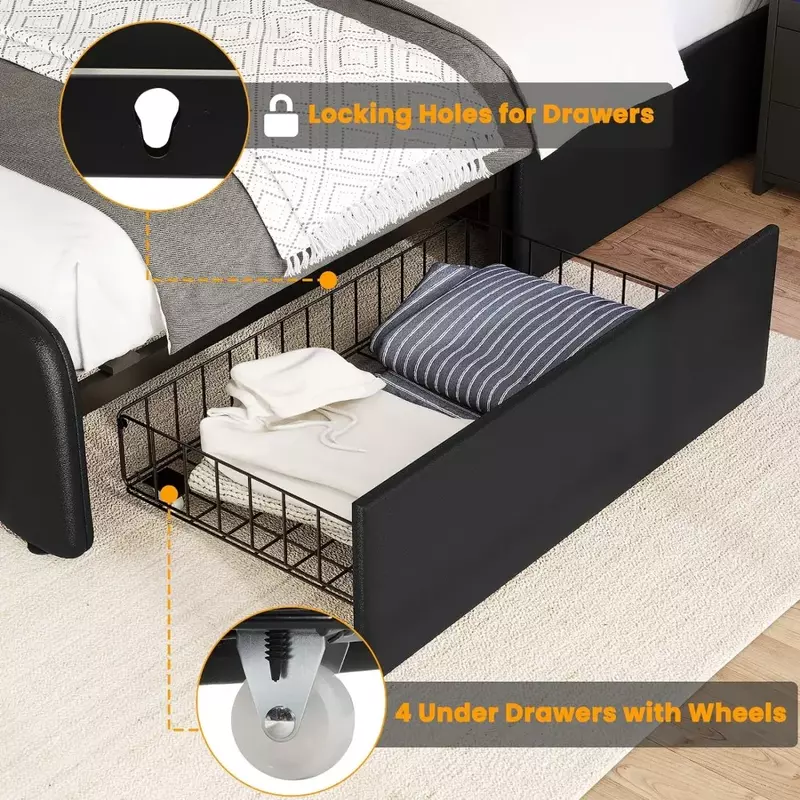 Фоторамка для кровати стандартного размера с изголовьем кровати, 4 ящика для хранения, USB-порты, поддержка деревянных реек, не требуется пружина коробки, полноразмерная рама для кровати