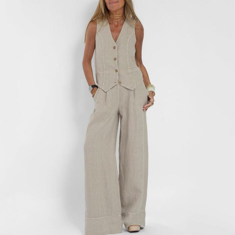 Women Vest Set Suit Cotton Linen Long Pants Sleeveless V-neck Autumn Summer Wide Leg Casual Fashion Set Outfit
