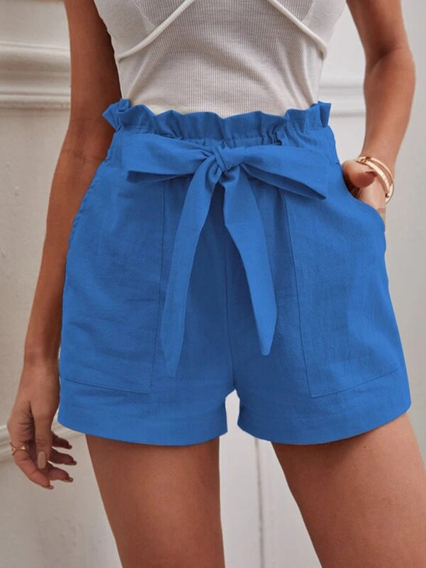 Shorts brancos monocromáticos femininos, cordão de bolso, calça curta casual, calça diária de verão, elegante