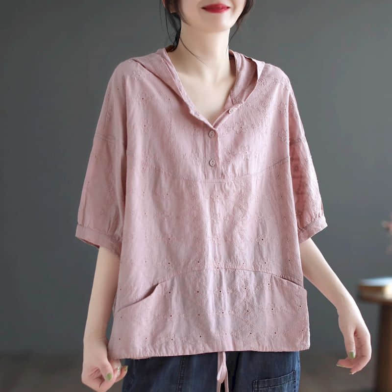 Camisas de algodón 95% para mujer, camisas Vintage de media manga con capucha, bordadas, holgadas e informales, blusa Retro de moda coreana, Tops para mujer