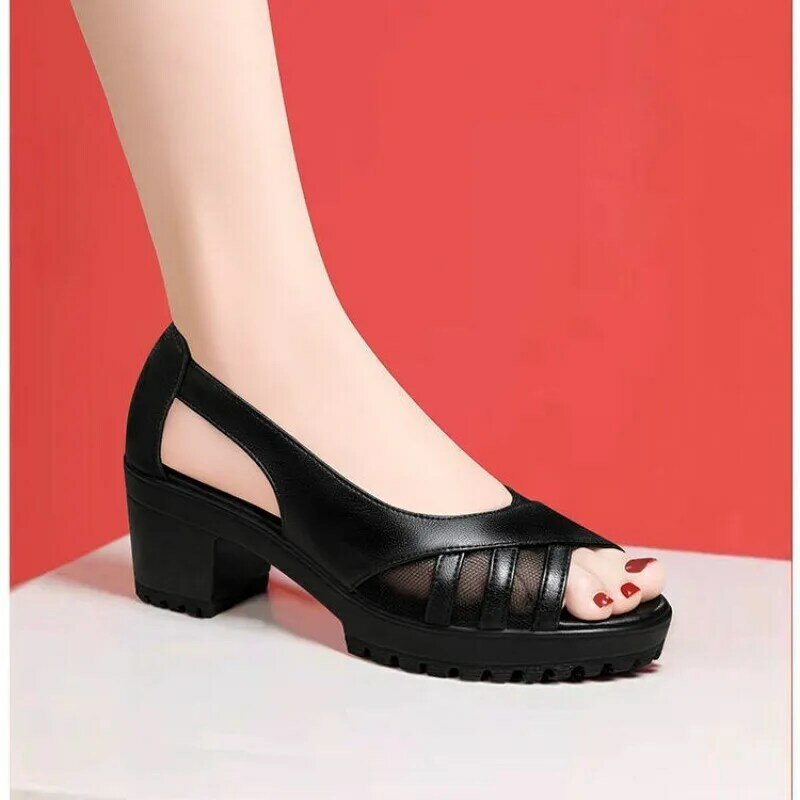 Tacchi alti sandali da donna estate nuove scarpe da donna Vintage etnico vento bocca di pesce sandali cavi romani tacco spesso scarpe da ballo mamma