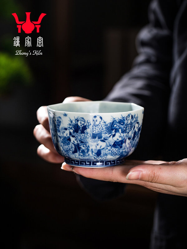 Zhongjia-Tasse octogonale en céramique peinte à la main pour garçon, tasse de maître Kung Fu, thé Jingdezhen Chai Kiln, bleu et blanc