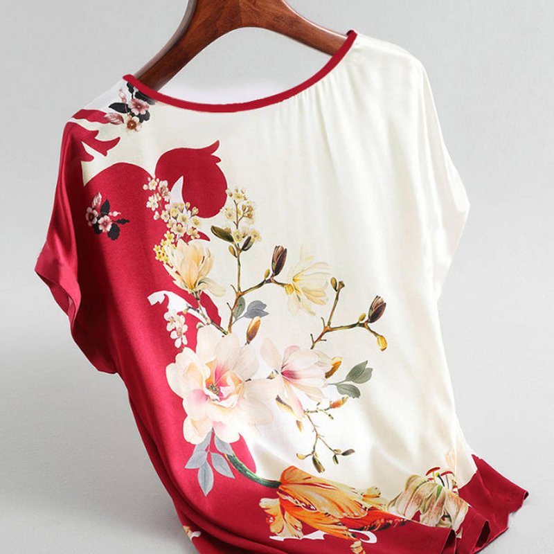 Modne kwiatowe bluzki z nadrukiem damskie satyna jedwabna Plus rozmiar rękaw w kształcie skrzydła nietoperza T-shirt w stylu Vintage Casual z krótkim rękawem topy