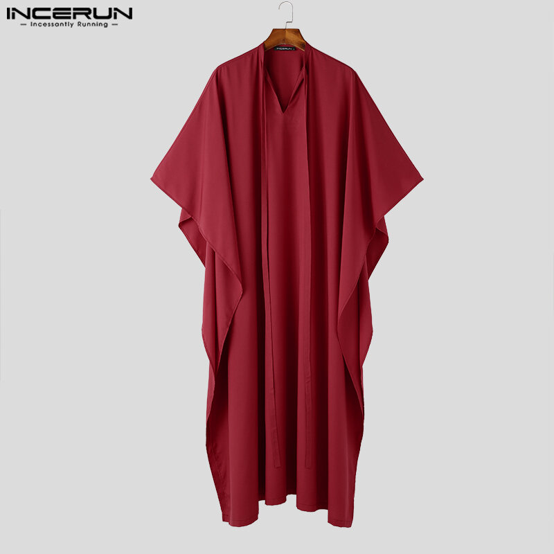 INCERUN-Bata de estilo musulmán para hombre, ropa informal de manga corta con cuello en V y diseño de encaje, lisa, ajustada, S-5XL, 2023