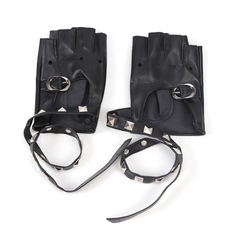 Gants courts en cuir synthétique pour femmes, gants sans doigts, demi-doigt, noir, punk, beau, dame, mode, 1 paire