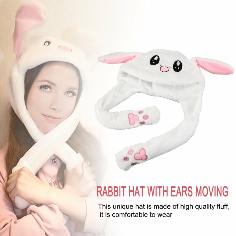 Topi lembut telinga kelinci bergerak topi telinga kelinci hadiah hewan lucu topi lembut berkantung udara cubit dengan telinga panjang yang dapat dikontrol