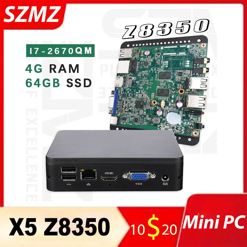 SZMZ Mini PC X5 Z8350 1.92GHz 4GB RAM 32GB 64GB SSD Wnidows 10 Linux สนับสนุน HDD, VGA HD Dual Output WIN10กล่องทีวีคอมพิวเตอร์