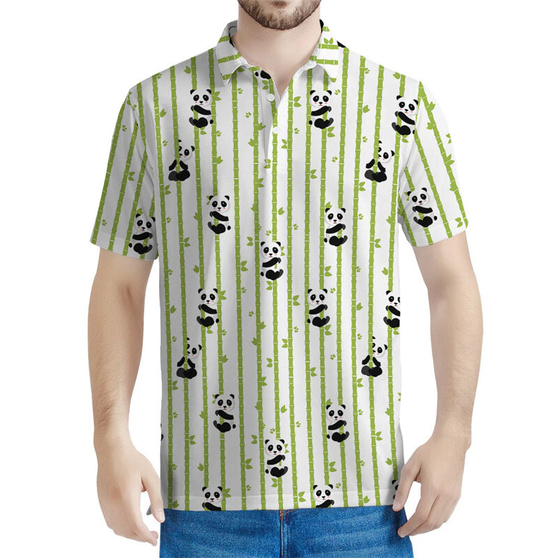Рубашка-поло мужская с мультяшным рисунком панды, летняя футболка с 3D принтом животных, топ с лацканами и короткими рукавами, свободная футболка на пуговицах