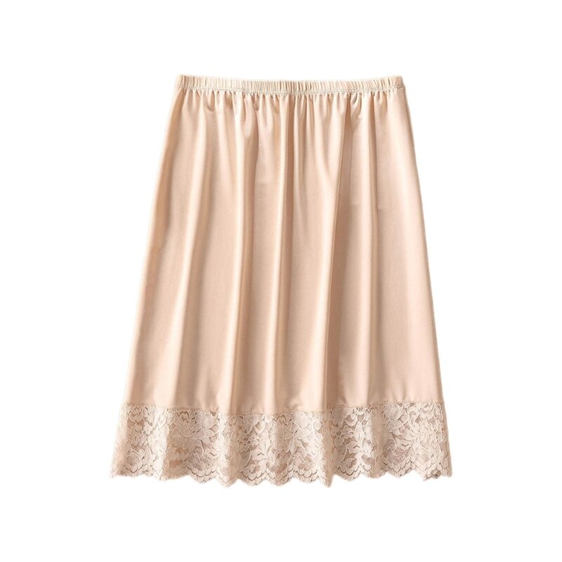 ผู้หญิงเข่าความยาวครึ่งกระโปรงเอวยางยืดสีทึบลูกไม้ Trim Petticoat Basic ครึ่งกระโปรงภายใต้ชุด